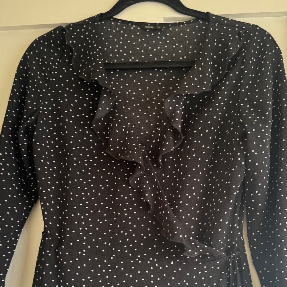 HOUSE Elegant Black Polka Dot Wrap Dress - Small